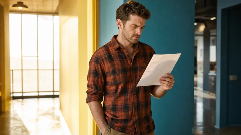 A man in a plaid shirt reading a sheet of paper in a bright hallway