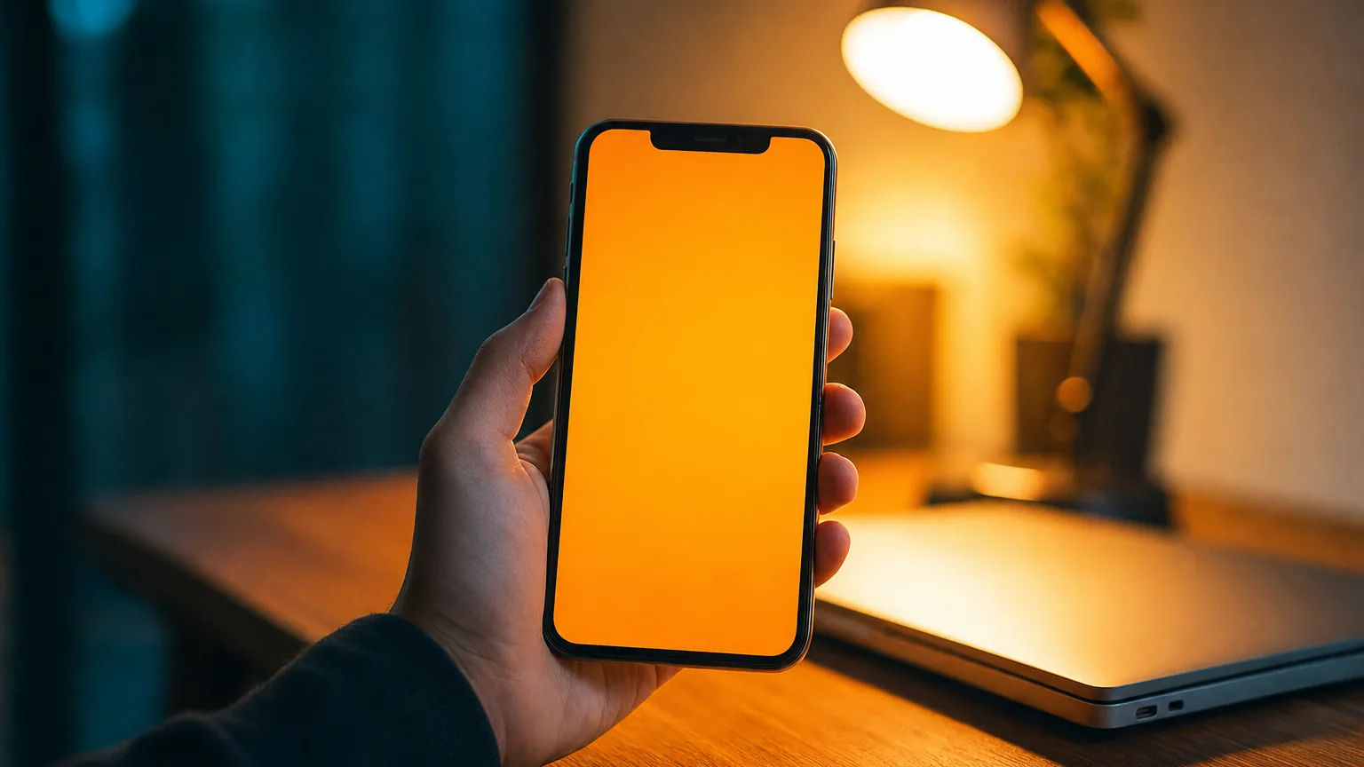 A hand holding a smartphone with a bright orange screen above a laptop