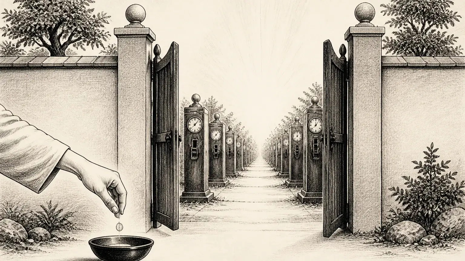 Ink illustration of an open gate with a coin in a dish and coin meters beyond