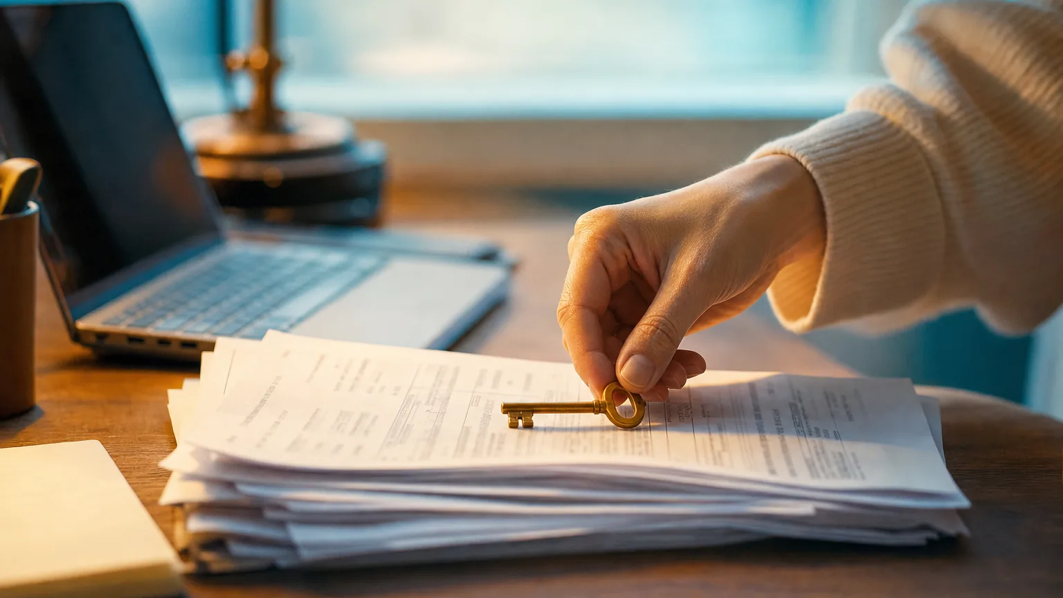 A key resting on a stack of invoices next to an open laptop computer