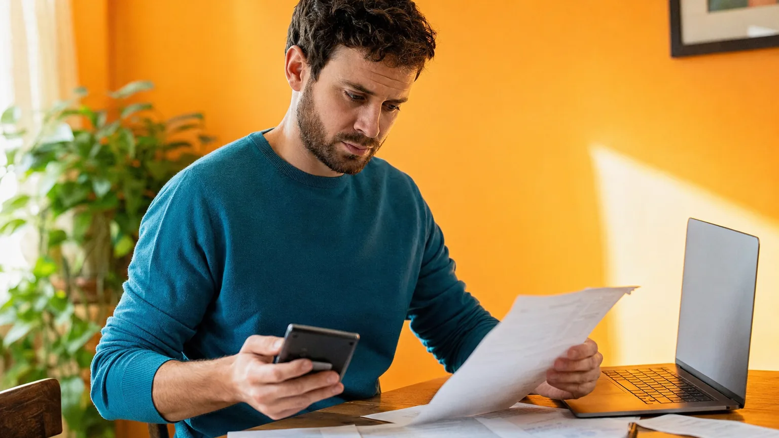 A man comparing a printed invoice with his phone at a desk with a laptop