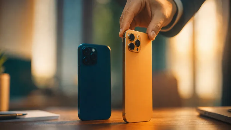 A hand placing a gold smartphone next to a blue one on a desk