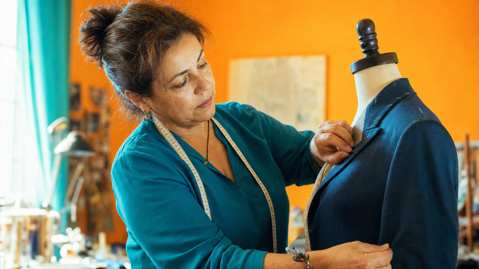 A tailor pinning a dark jacket on a dressmaker dummy in her studio