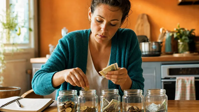 A woman sorting coins and notes into labeled glass jars on a kitchen table