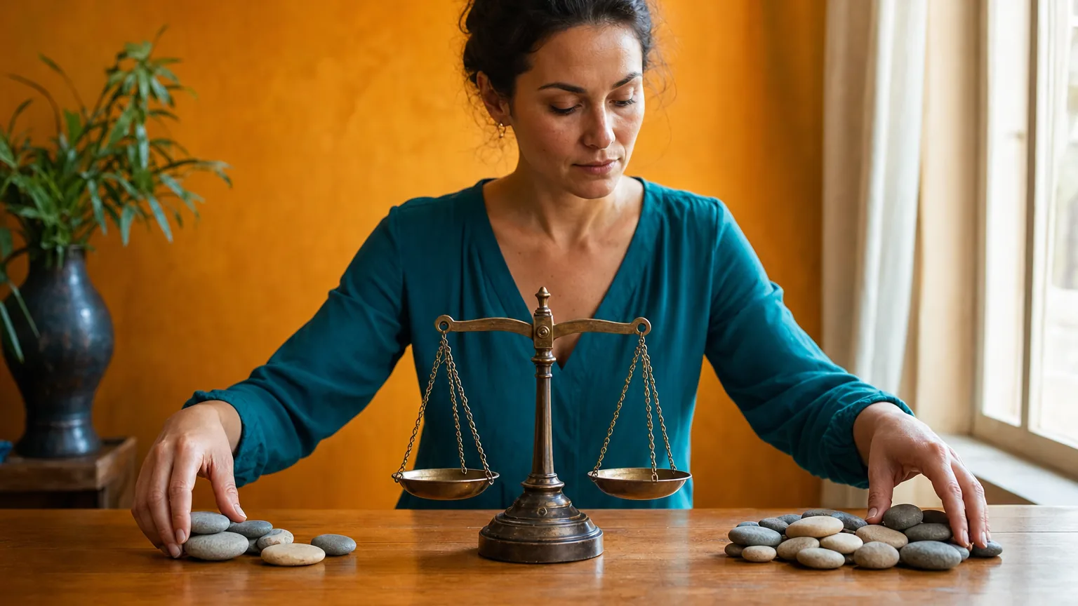 A woman weighing pebbles on a brass balance scale at a wooden table
