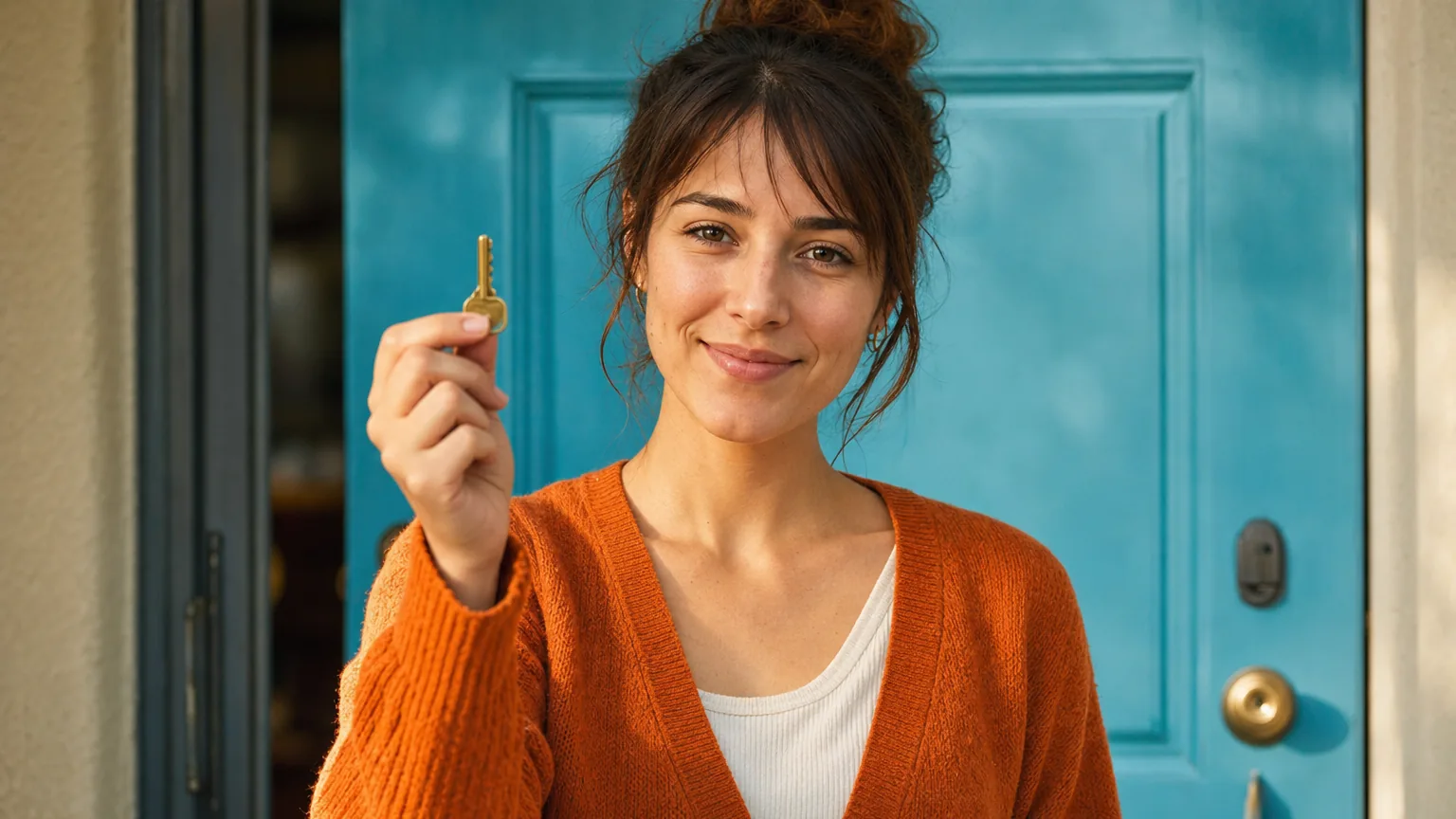 A woman holding up a single key in her hand against a plain light background