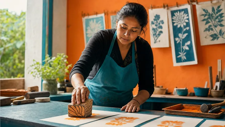 A woman printing an orange pattern with a wooden block in her studio