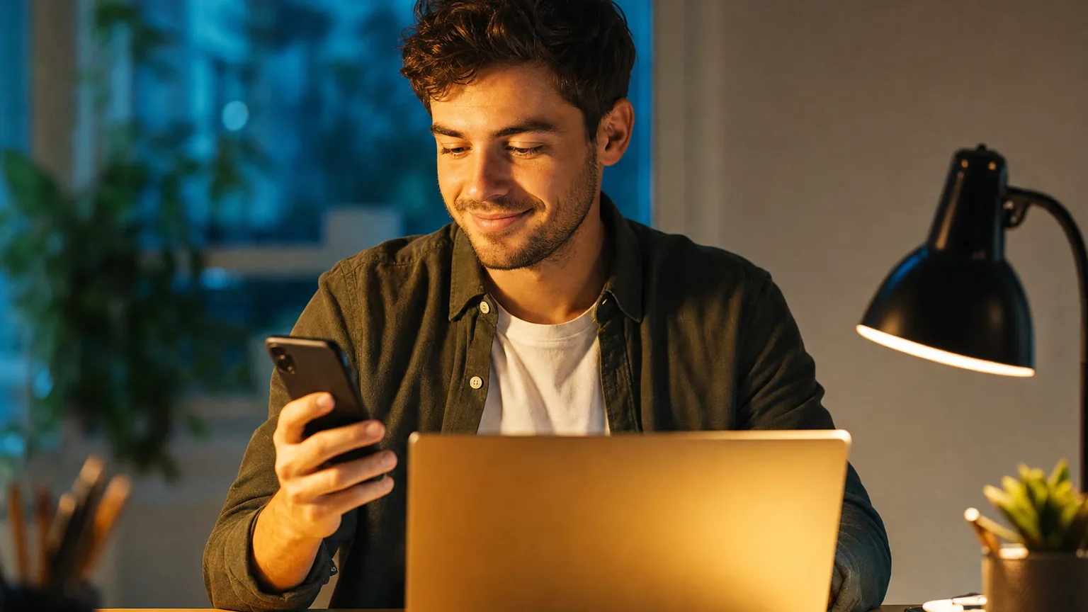 A man checking a code received on his phone in front of his computer