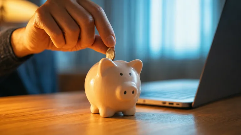 A small coin dropped into a piggy bank next to a laptop computer
