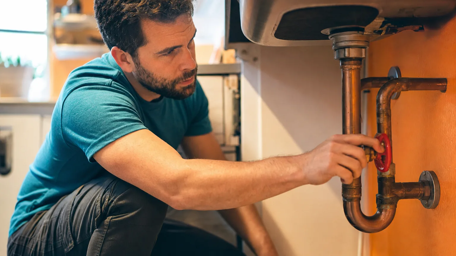 A man turning a red valve on the pipe under a sink
