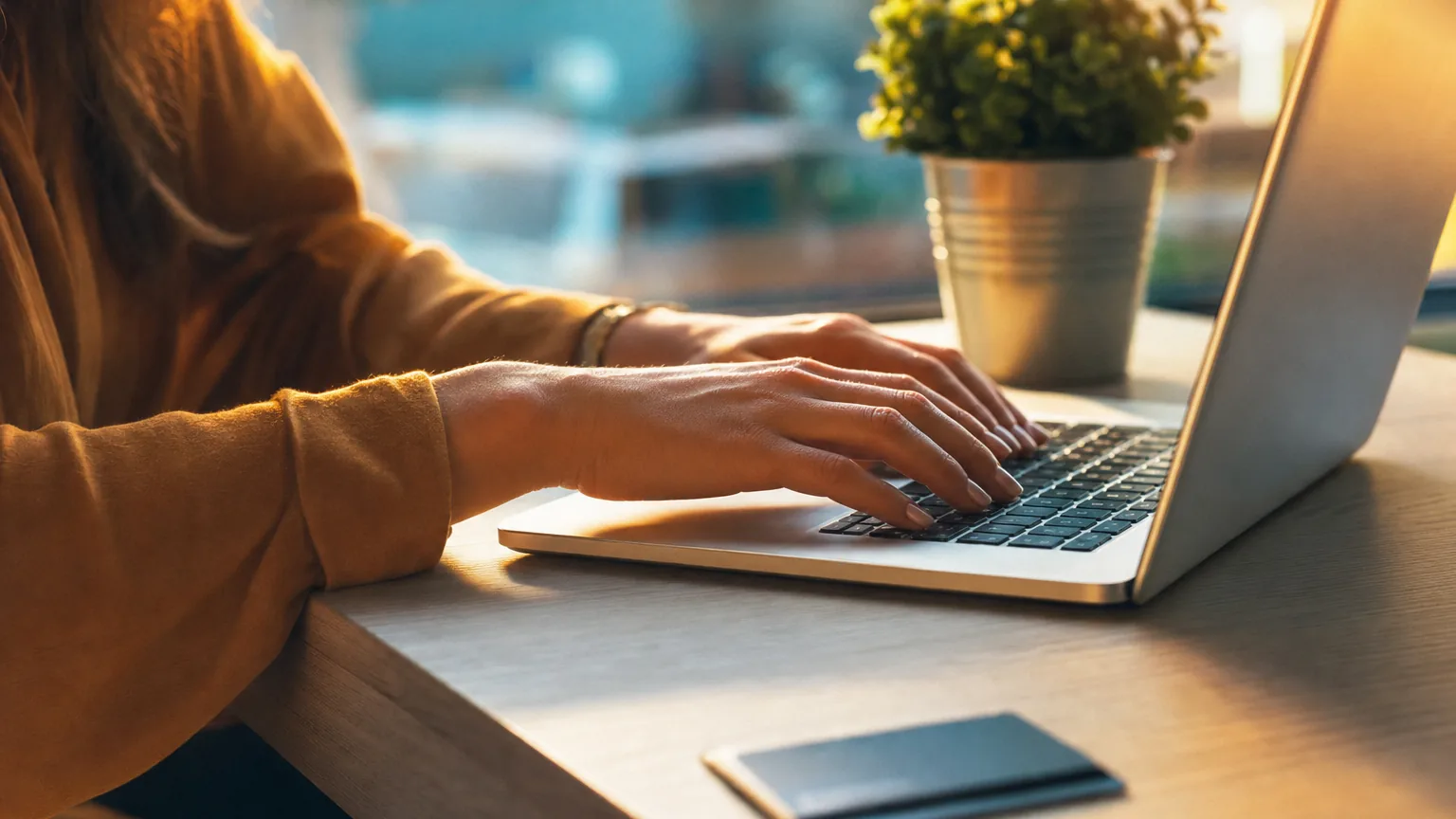 Hands typing on a keyboard with a credit card set aside on the desk
