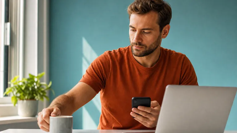 A content creator checking a smartphone while sitting at a desk with a laptop