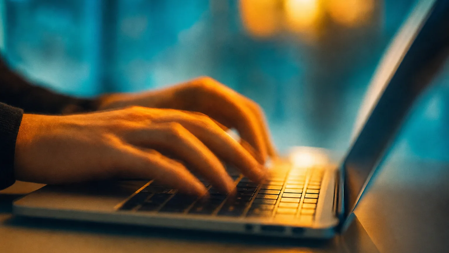 Hands moving quickly across a laptop keyboard in the middle of typing
