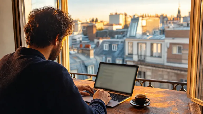 A man typing on a laptop at an open window overlooking Paris rooftops