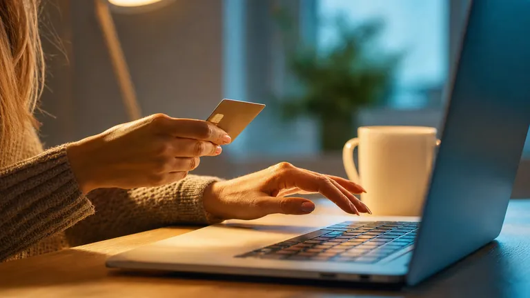 A hand holding a credit card in front of an open laptop computer
