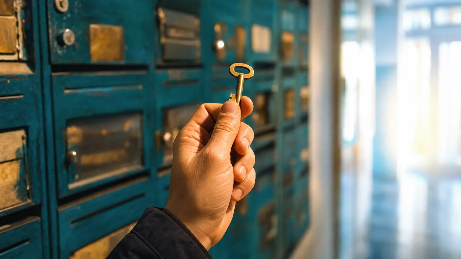 A single key held up in front of a wall of metal mailboxes
