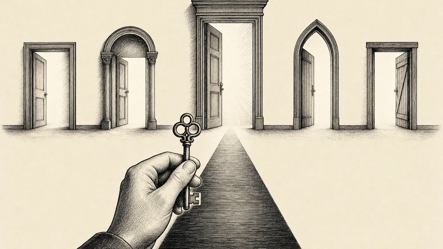 Ink drawing of a hand holding a key before a row of open doors