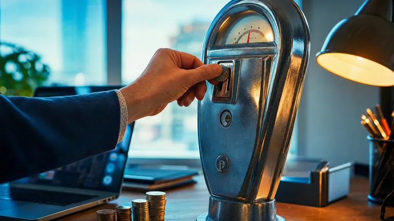 A hand dropping a coin into an old chrome parking meter on an office desk