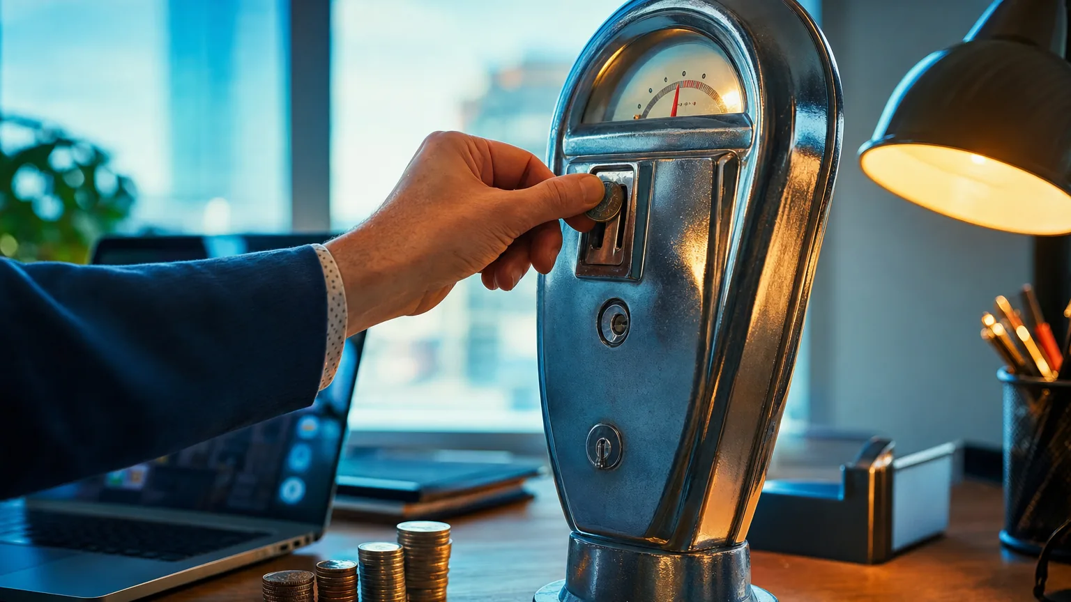 A hand dropping a coin into an old chrome parking meter on an office desk
