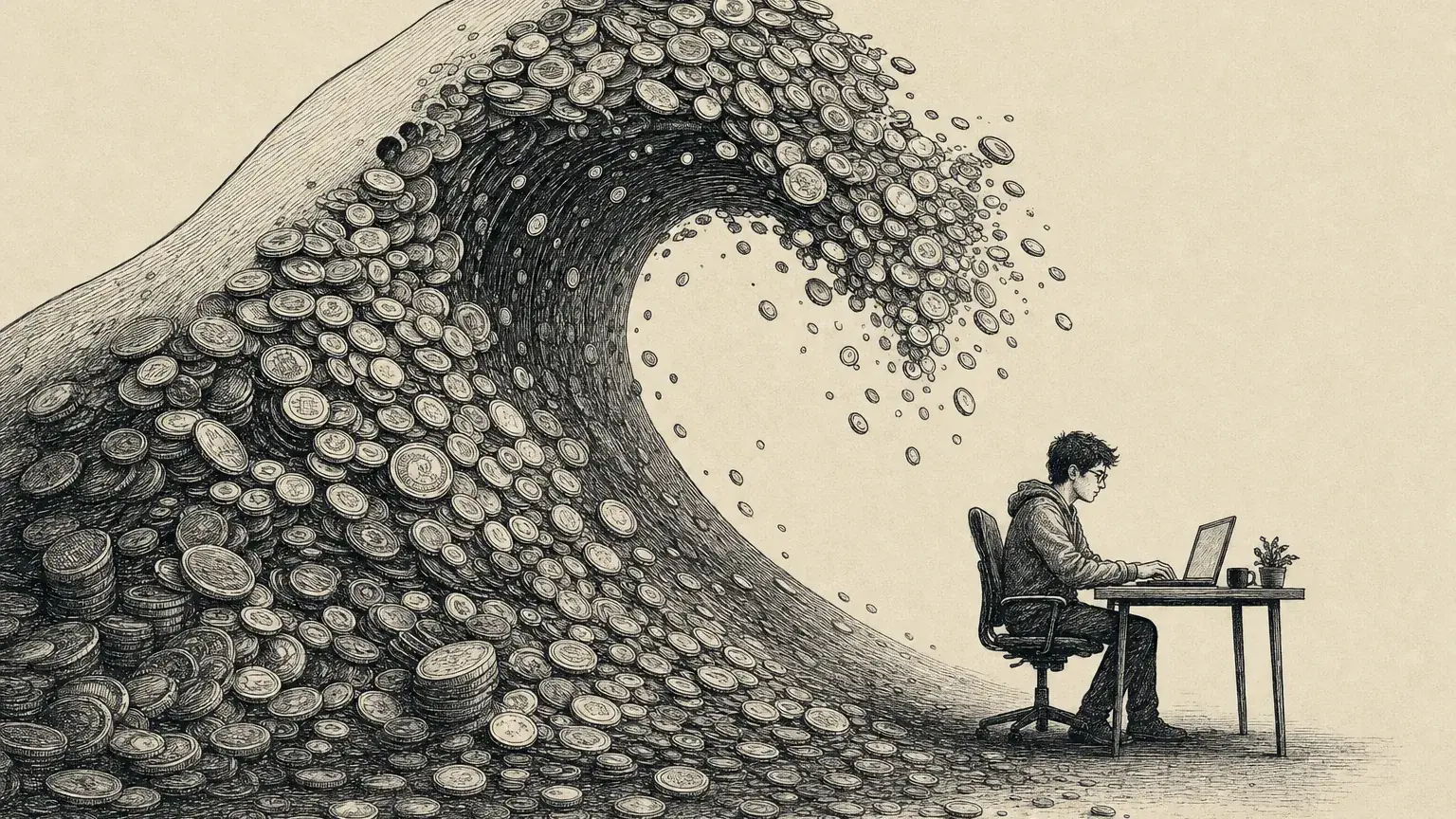 Ink drawing of a calm developer at a desk under a huge wave of coins