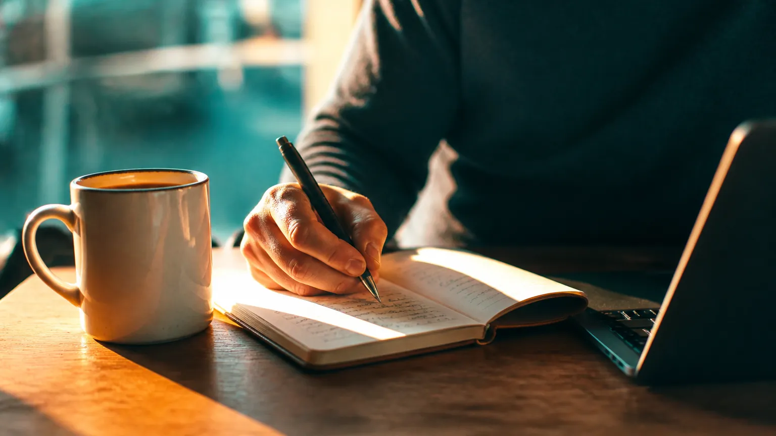 A hand writing figures in a notebook next to an open laptop computer