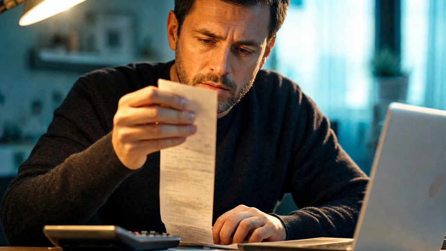 A hand holding a receipt above a calculator and an open laptop computer