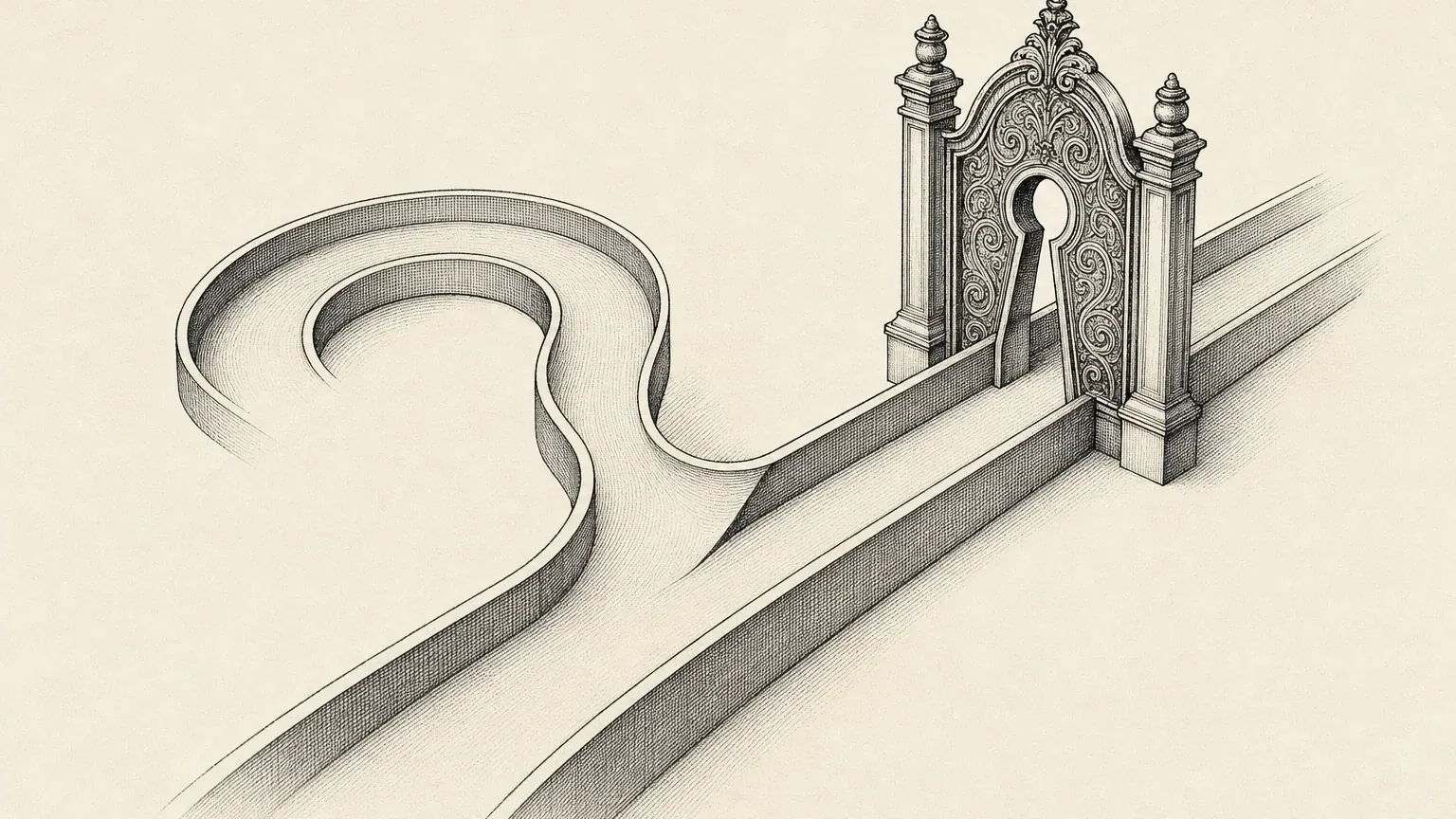 Ink illustration of a path splitting in two, one through a locked gate, one turning back