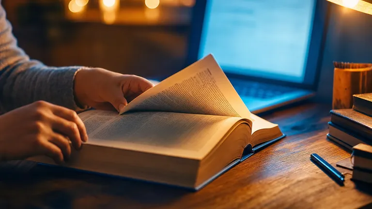 Hands opening a thick book on a wooden desk in front of a laptop