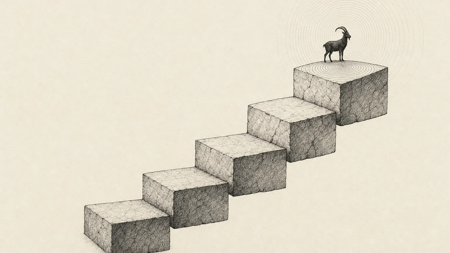 Ink illustration of five stone blocks rising like stairs, with an ibex standing on top