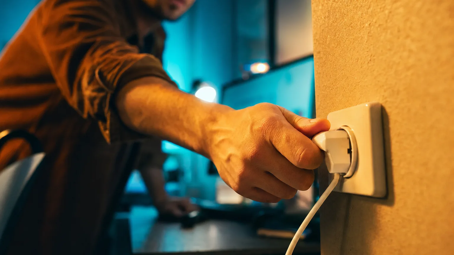 A hand pulls a power plug out of a socket in front of a computer workstation