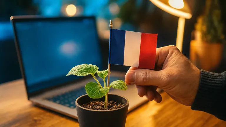 A hand plants a French flag in the soil of a potted seedling on a desk