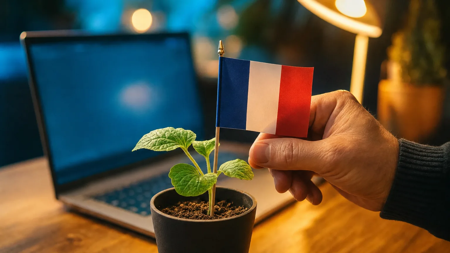 A hand plants a French flag in the soil of a potted seedling on a desk
