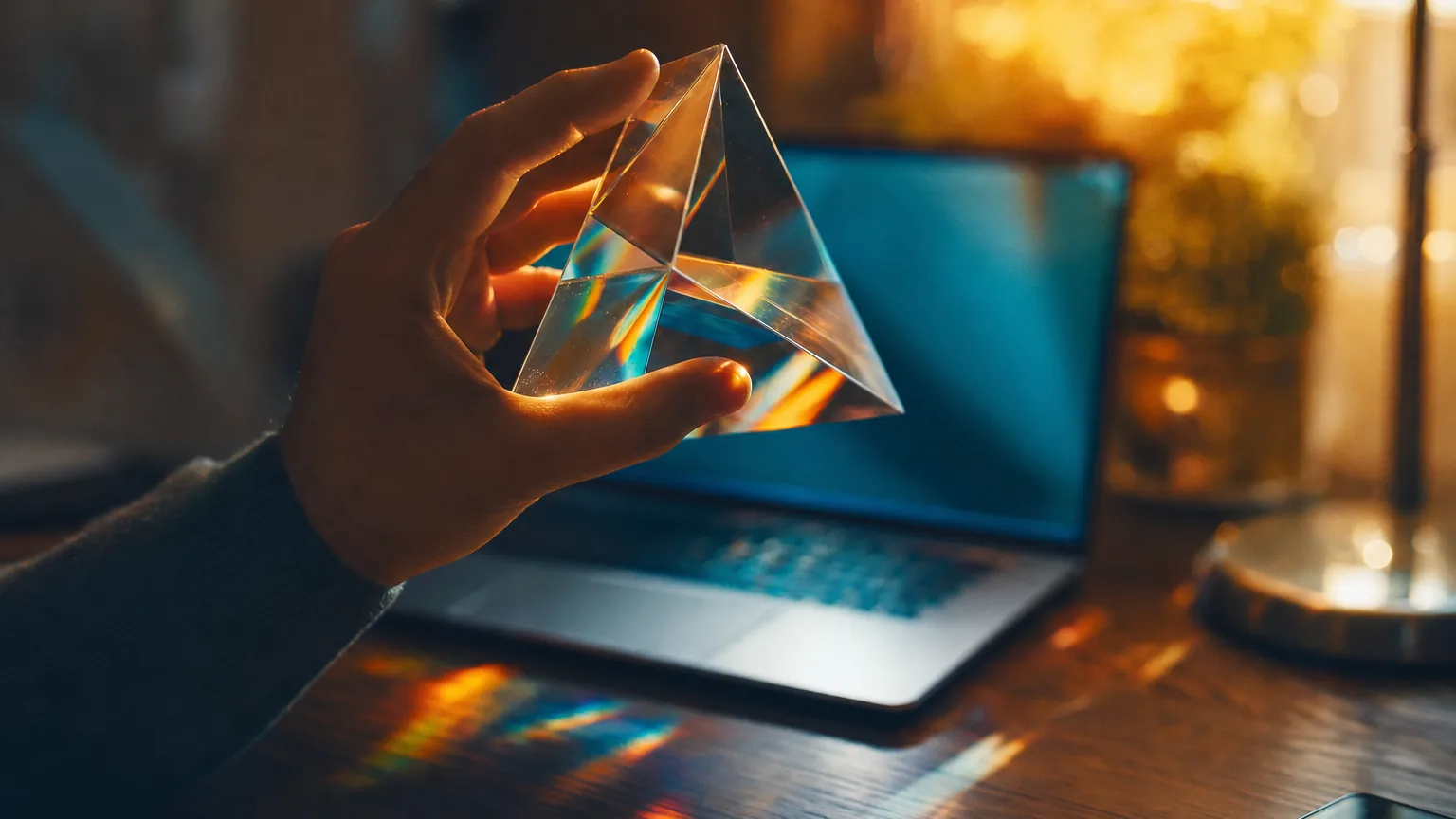 A hand holding a glass prism that splits light in front of a laptop