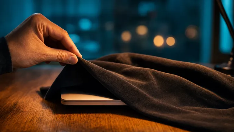A hand lifts a dark cloth covering a closed new laptop on a wooden desk