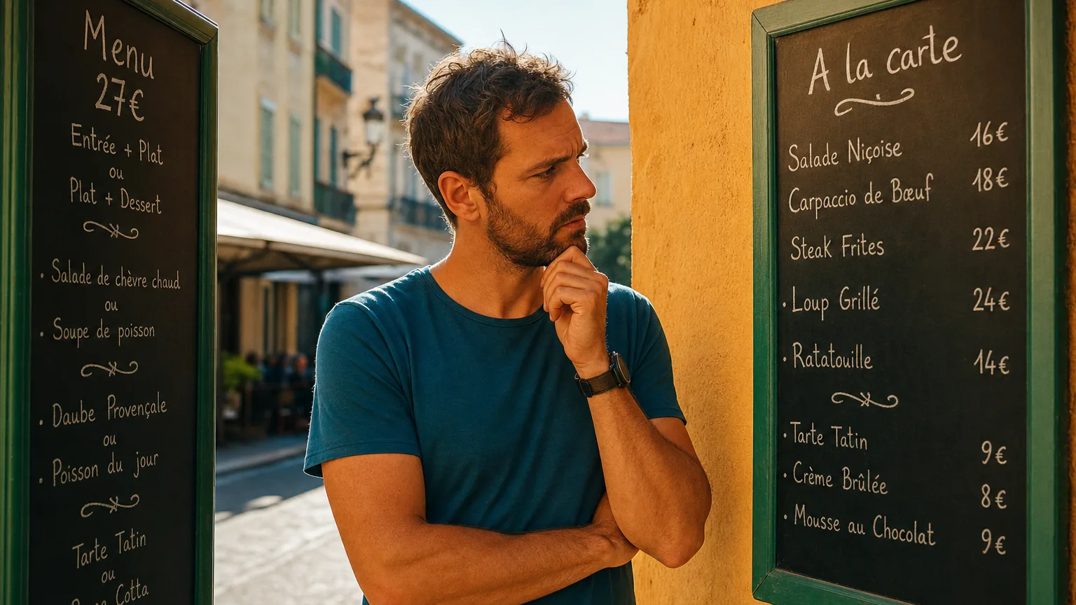 A man reading two restaurant chalkboards, a set menu and an a la carte list