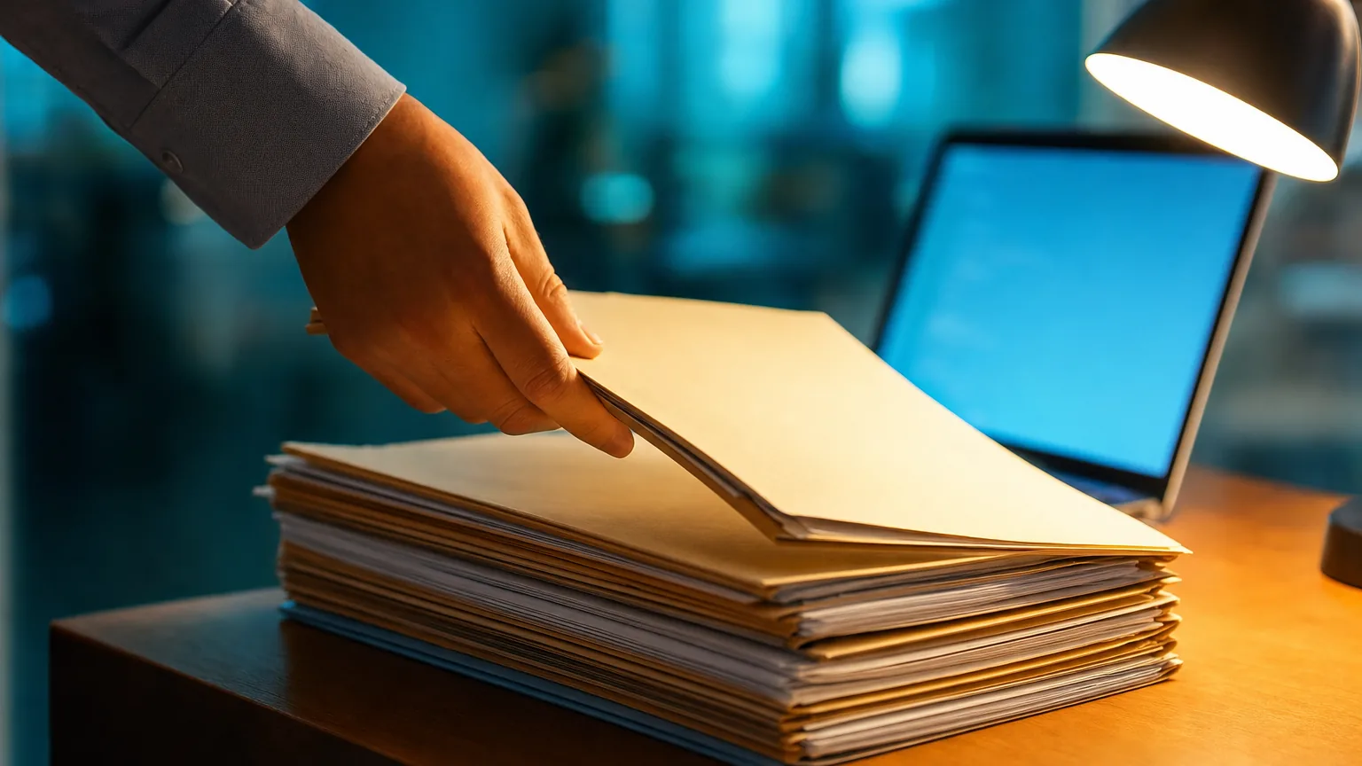 A hand placing a folder on a tall stack of files next to a laptop