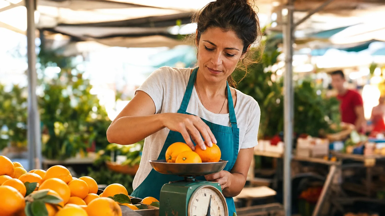 A market vendor weighing oranges on an old green scale