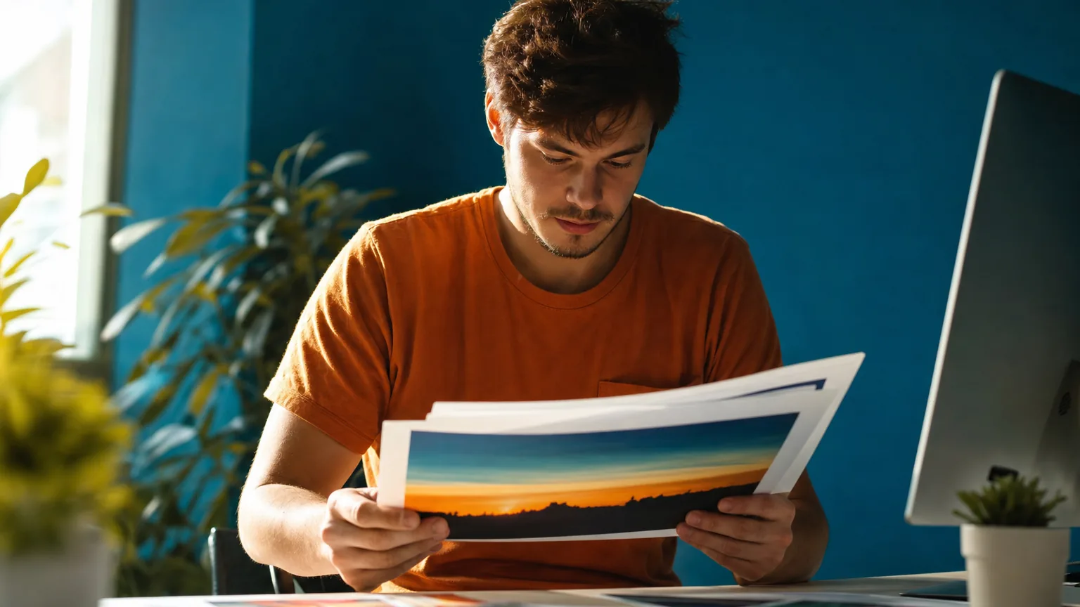 A designer examining printed AI-generated images spread across a studio table