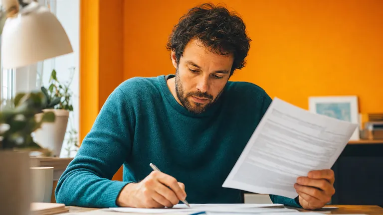 A man reading a printed page while taking notes at his desk