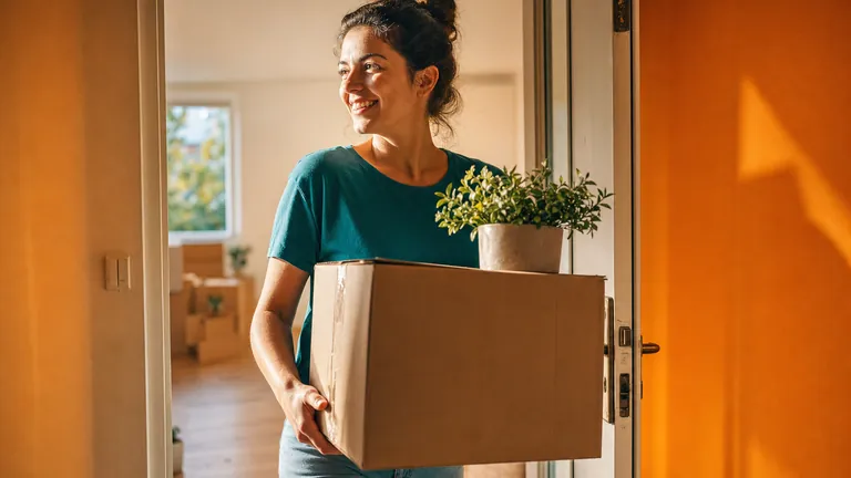 A smiling woman carrying a cardboard box and a potted plant through a doorway