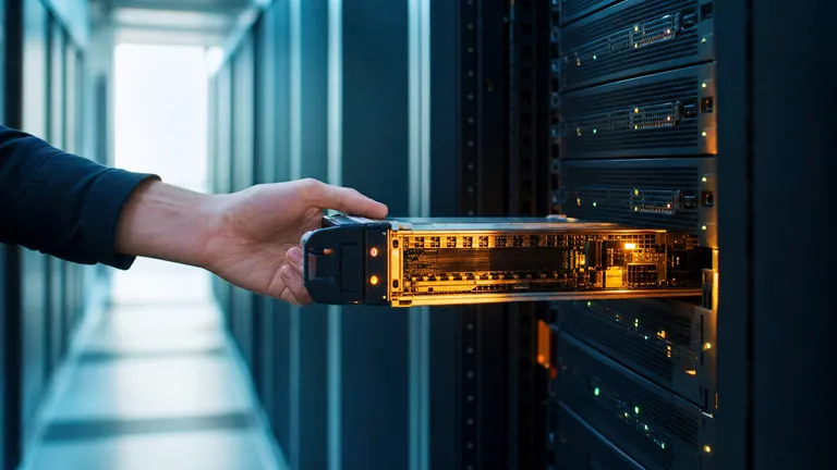 A hand sliding a server unit into a rack in a data center aisle
