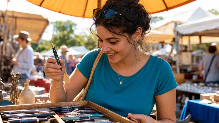 A smiling woman picking a pen out of a tray at a flea market stall