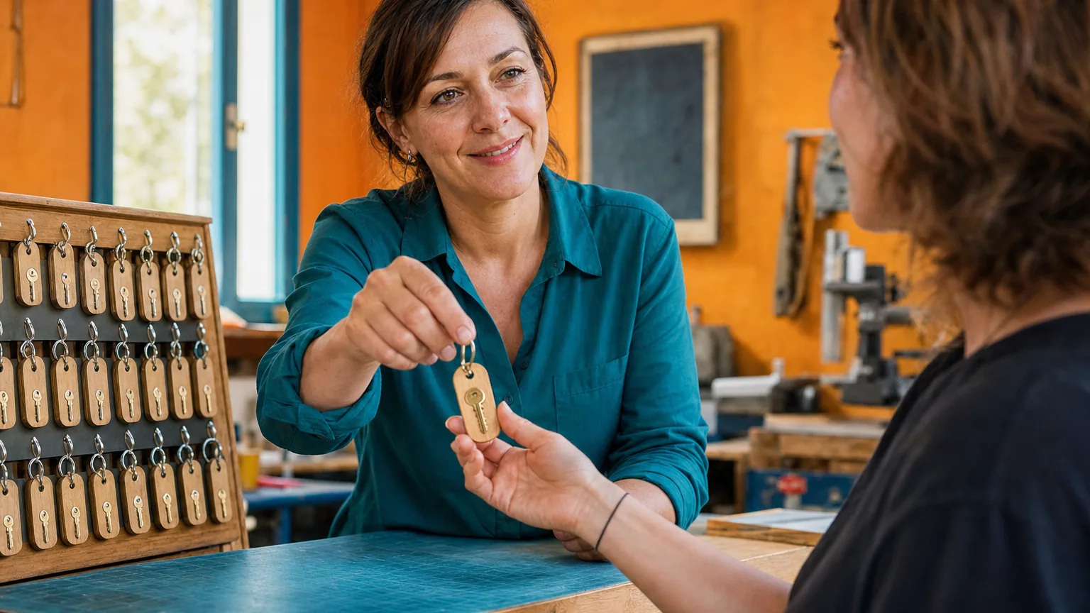 A smiling woman handing a labeled key from a key board to a colleague