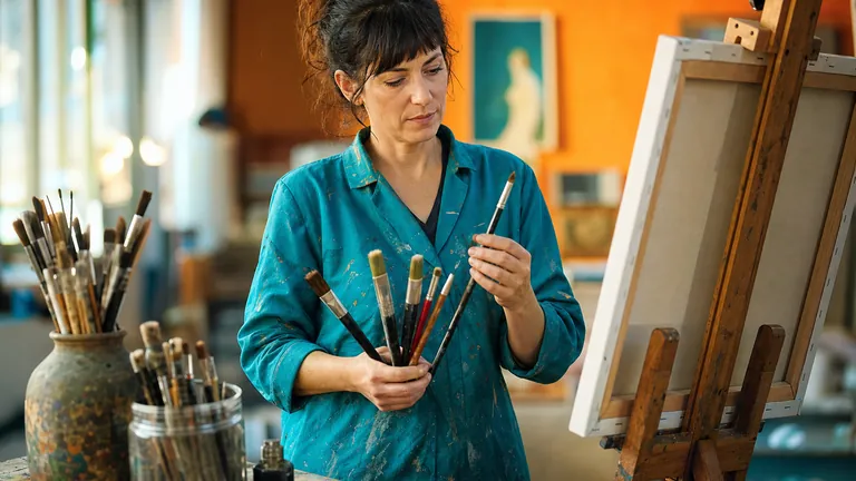 A painter holding several brushes beside an easel in her studio
