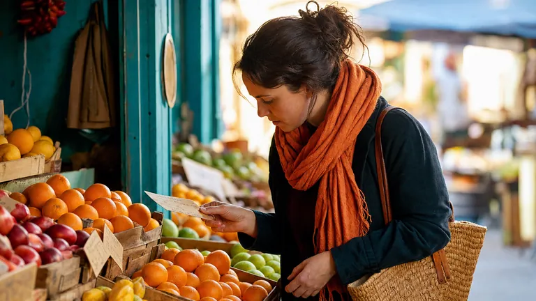 A woman comparing price labels at a fruit and vegetable market stall