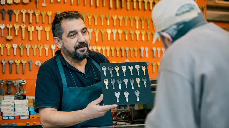 A locksmith showing a tray of keys to a customer in front of a key wall