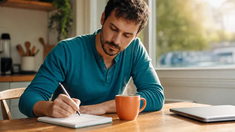 A writer drafting a content brief in a paper notebook before using an AI tool