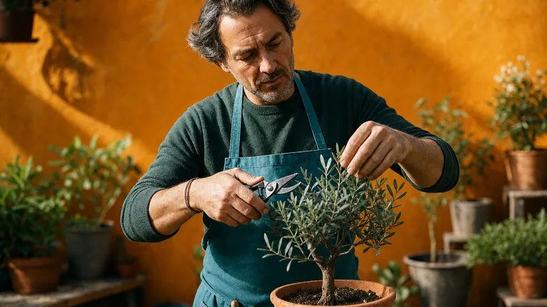 A gardener pruning a small potted olive tree with shears
