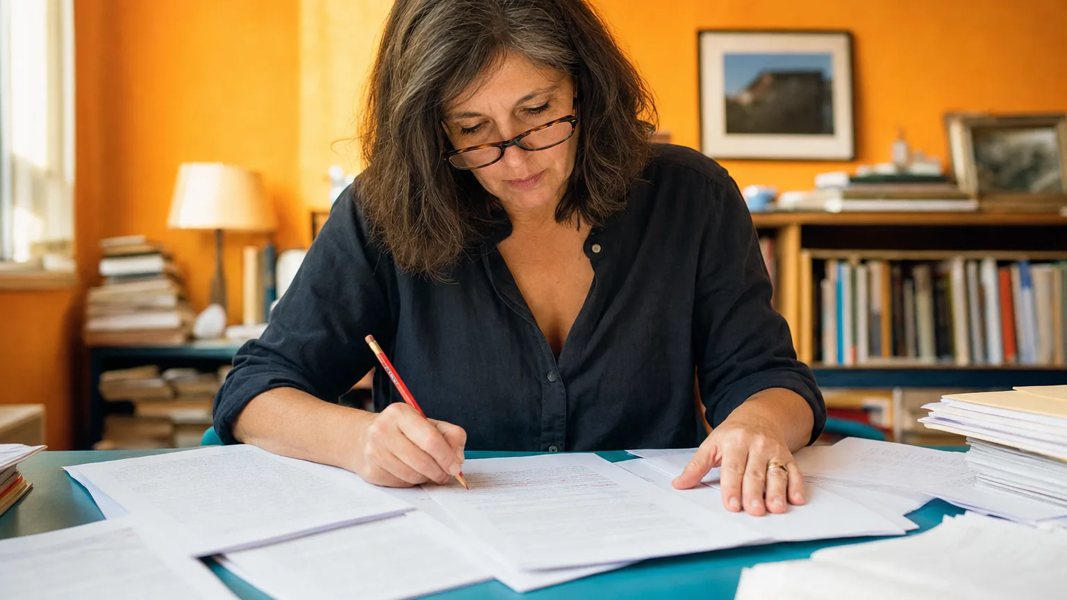 A woman marking up printed pages with a red pencil at her desk
