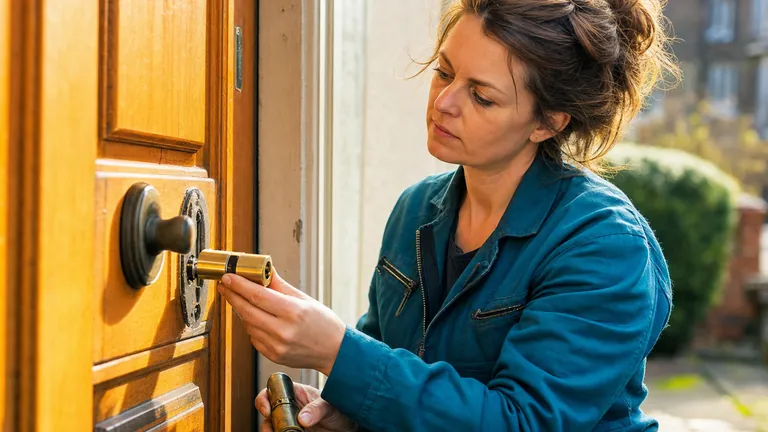 A woman fitting a new cylinder into the lock of a wooden front door
